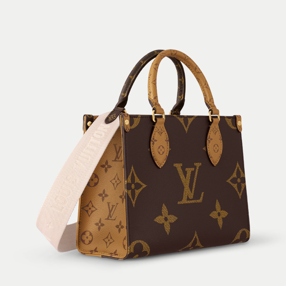LV OnTheGo PM Monogram Reverse Canvas Tote Handle Bag with Double Handles and Adjustable Strap - Brown